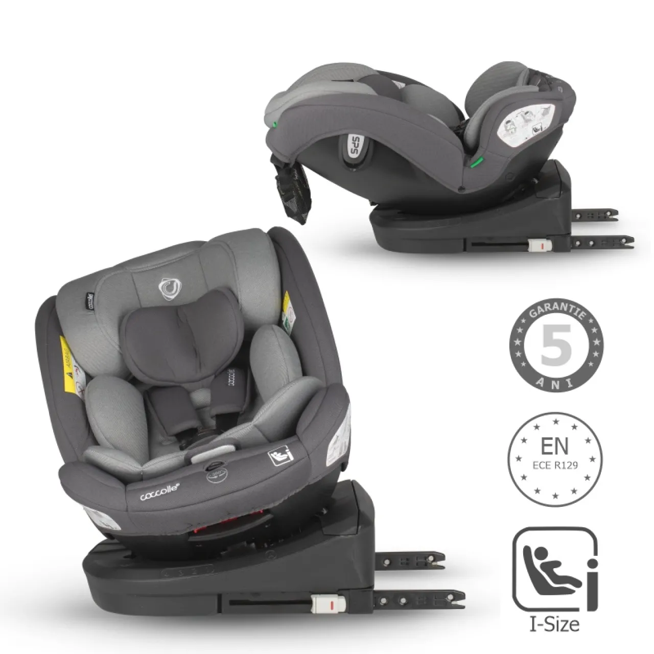 i-Size car seat with Isofix Coccolle Nyota, 360° rotation with one hand, Adjustable headrest, Removable cover, Anti-rebound system, Pozitie somn, 40-150 cm, 0-12 ani, R129 approved, Diamond black