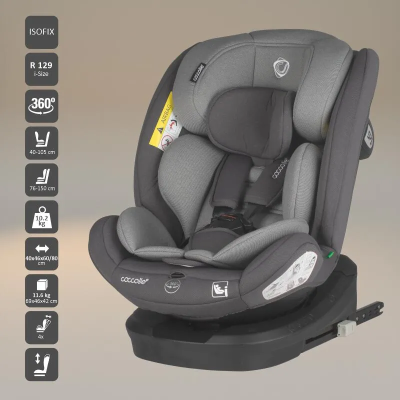 i-Size car seat with Isofix Coccolle Nyota, 360° rotation with one hand, Adjustable headrest, Removable cover, Anti-rebound system, Pozitie somn, 40-150 cm, 0-12 ani, R129 approved, Diamond black
