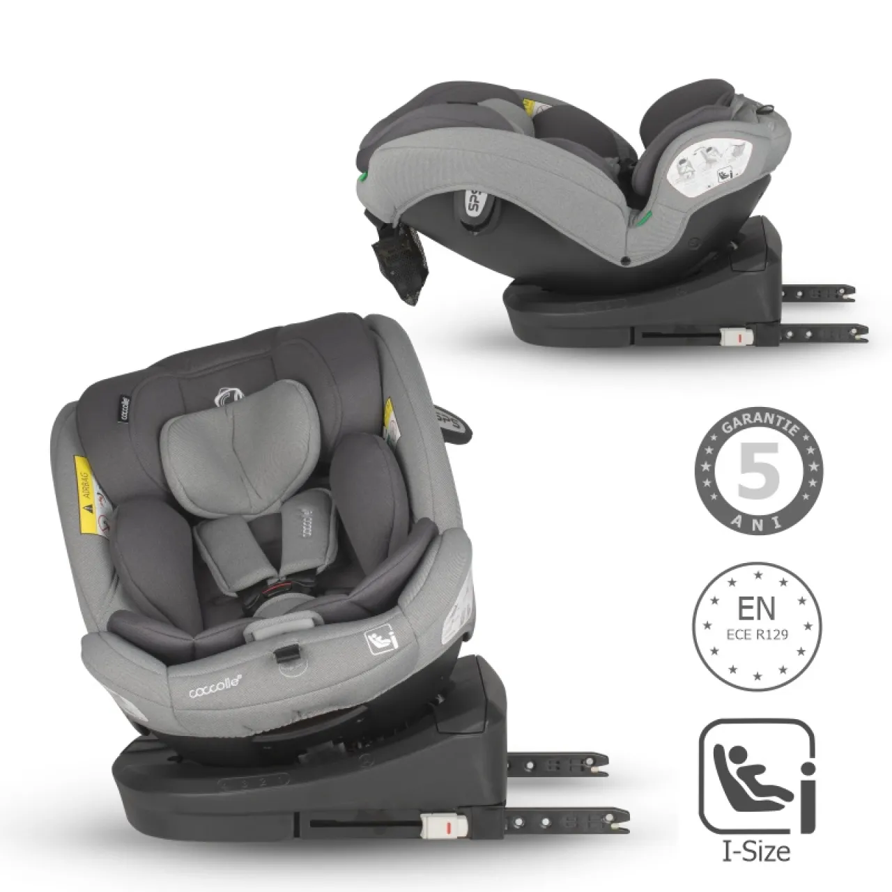 i-Size car seat with Isofix Coccolle Nyota, 360° rotation with one hand, Adjustable headrest, Removable cover, Anti-rebound system, Pozitie somn, 40-150 cm, 0-12 ani, R129 approved, Moonlit Grey