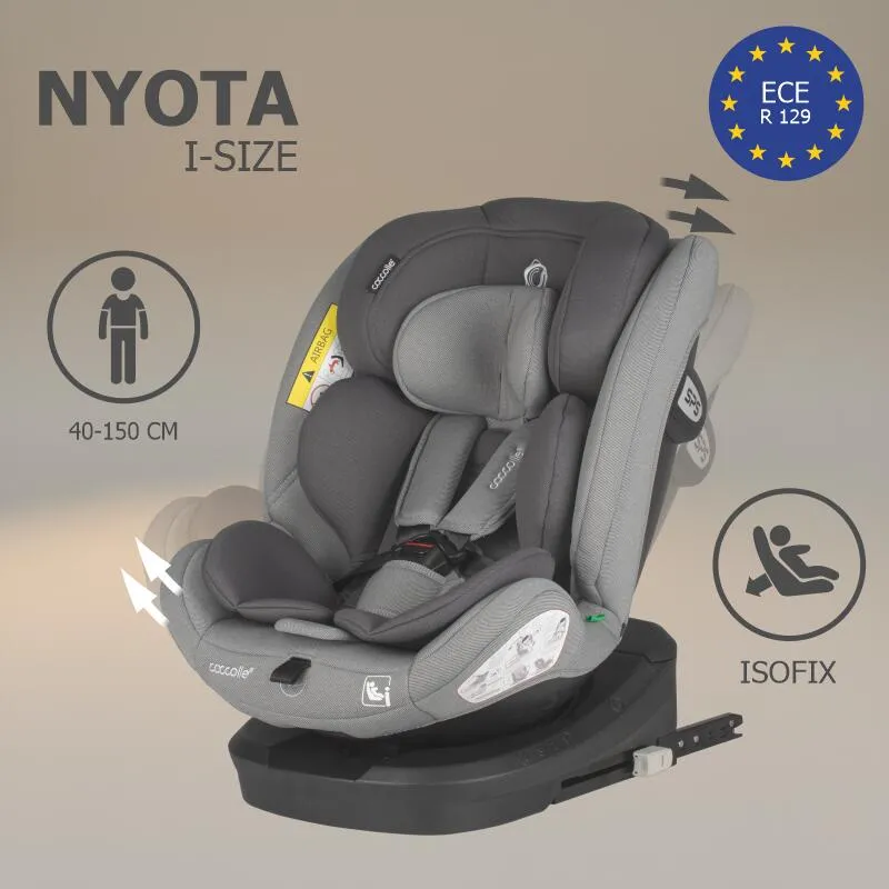 i-Size car seat with Isofix Coccolle Nyota, 360° rotation with one hand, Adjustable headrest, Removable cover, Anti-rebound system, Pozitie somn, 40-150 cm, 0-12 ani, R129 approved, Moonlit Grey