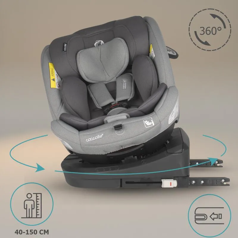 i-Size car seat with Isofix Coccolle Nyota, 360° rotation with one hand, Adjustable headrest, Removable cover, Anti-rebound system, Pozitie somn, 40-150 cm, 0-12 ani, R129 approved, Moonlit Grey