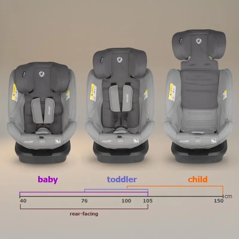 i-Size car seat with Isofix Coccolle Nyota, 360° rotation with one hand, Adjustable headrest, Removable cover, Anti-rebound system, Pozitie somn, 40-150 cm, 0-12 ani, R129 approved, Moonlit Grey