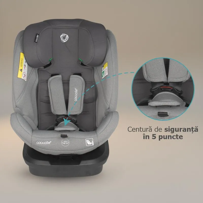 i-Size car seat with Isofix Coccolle Nyota, 360° rotation with one hand, Adjustable headrest, Removable cover, Anti-rebound system, Pozitie somn, 40-150 cm, 0-12 ani, R129 approved, Moonlit Grey