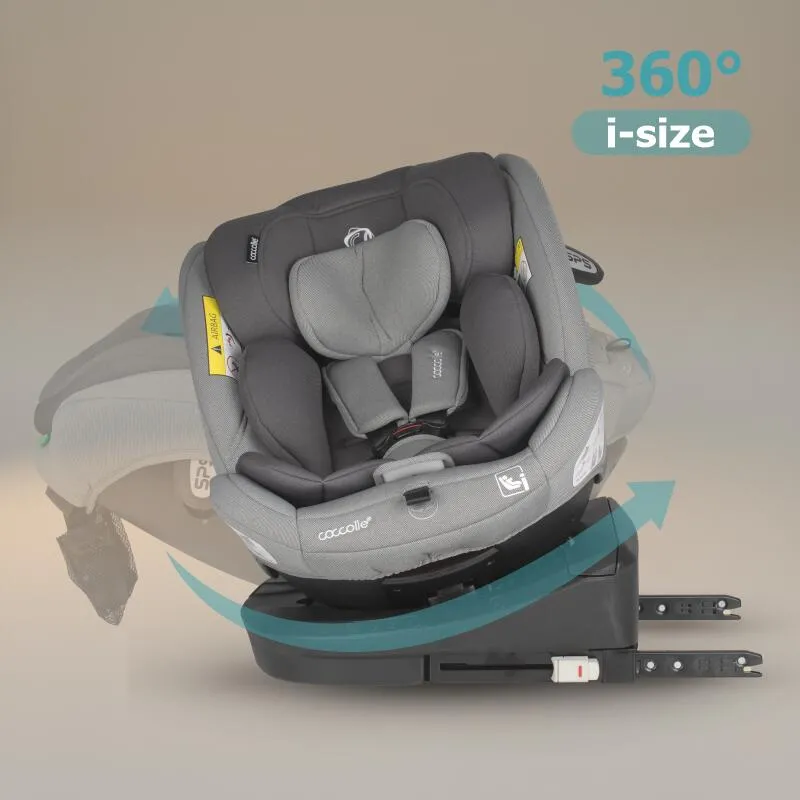 i-Size car seat with Isofix Coccolle Nyota, 360° rotation with one hand, Adjustable headrest, Removable cover, Anti-rebound system, Pozitie somn, 40-150 cm, 0-12 ani, R129 approved, Moonlit Grey