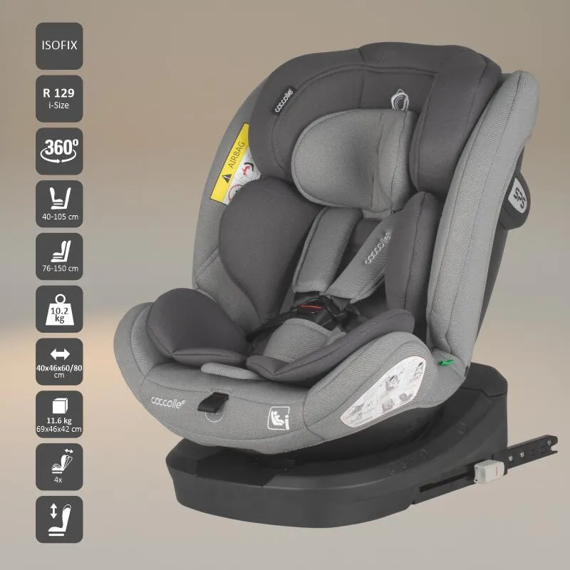 i-Size car seat with Isofix Coccolle Nyota, 360° rotation with one hand, Adjustable headrest, Removable cover, Anti-rebound system, Pozitie somn, 40-150 cm, 0-12 ani, R129 approved, Moonlit Grey