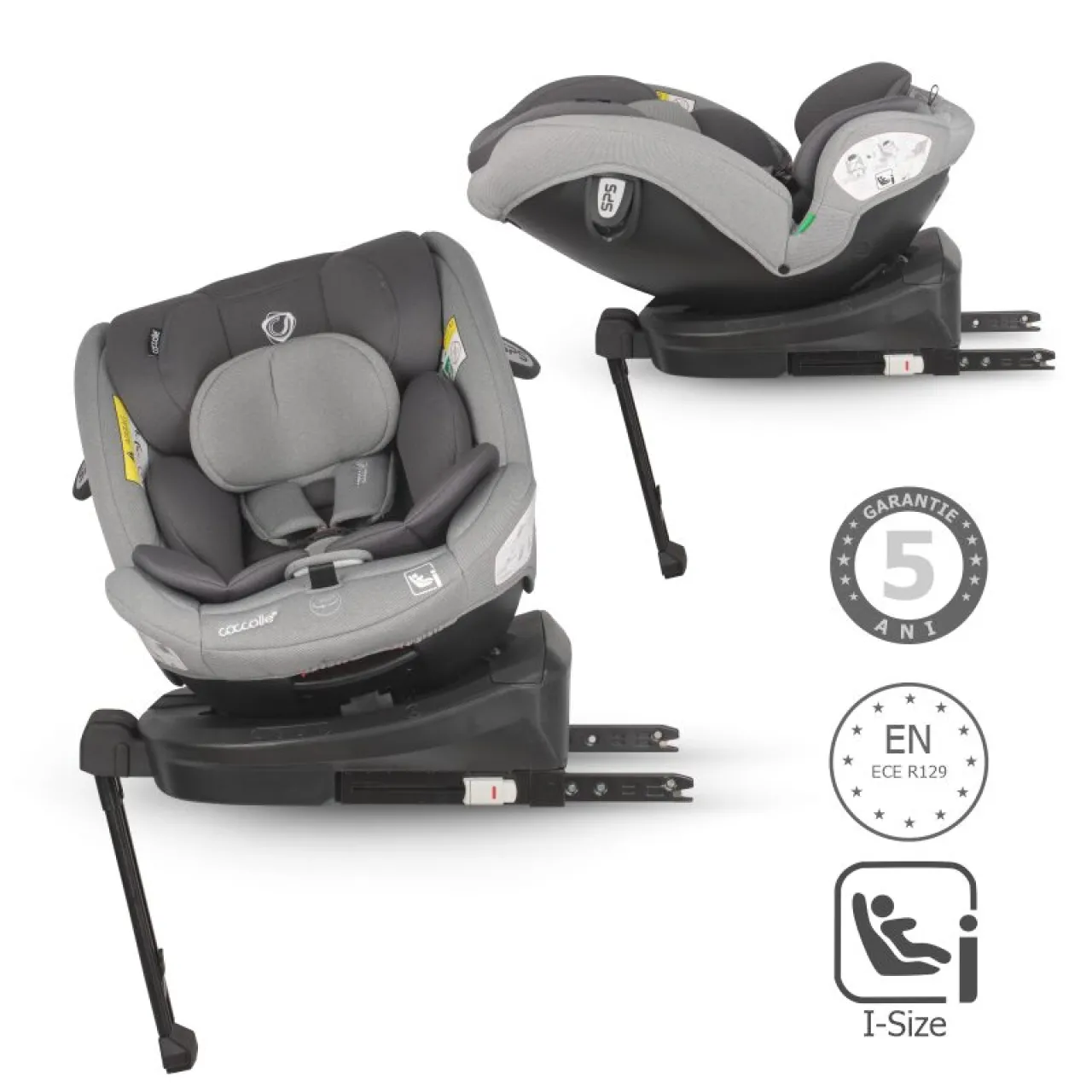 Coccolle i-Size car seat Sidra Premium Line, rotating with Isofix, Adjustable headrest, Pozitie somn, Removable cover, Anti-rebound system, Picior de fixare, 40-150 cm, 0-12 ani, Moonlit Grey