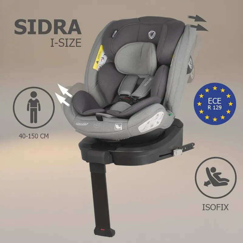 Coccolle i-Size car seat Sidra Premium Line, rotating with Isofix, Adjustable headrest, Pozitie somn, Removable cover, Anti-rebound system, Picior de fixare, 40-150 cm, 0-12 ani, Moonlit Grey