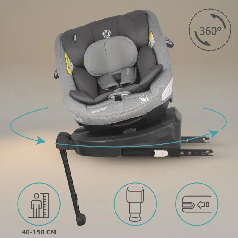 Coccolle i-Size car seat Sidra Premium Line, rotating with Isofix, Adjustable headrest, Pozitie somn, Removable cover, Anti-rebound system, Picior de fixare, 40-150 cm, 0-12 ani, Moonlit Grey