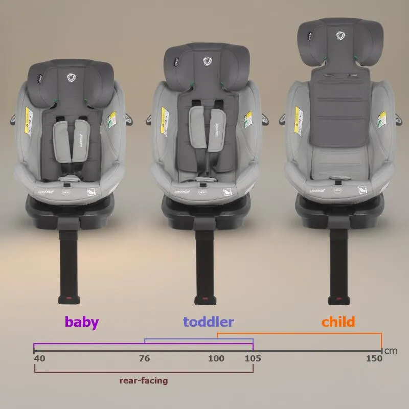 Coccolle i-Size car seat Sidra Premium Line, rotating with Isofix, Adjustable headrest, Pozitie somn, Removable cover, Anti-rebound system, Picior de fixare, 40-150 cm, 0-12 ani, Moonlit Grey