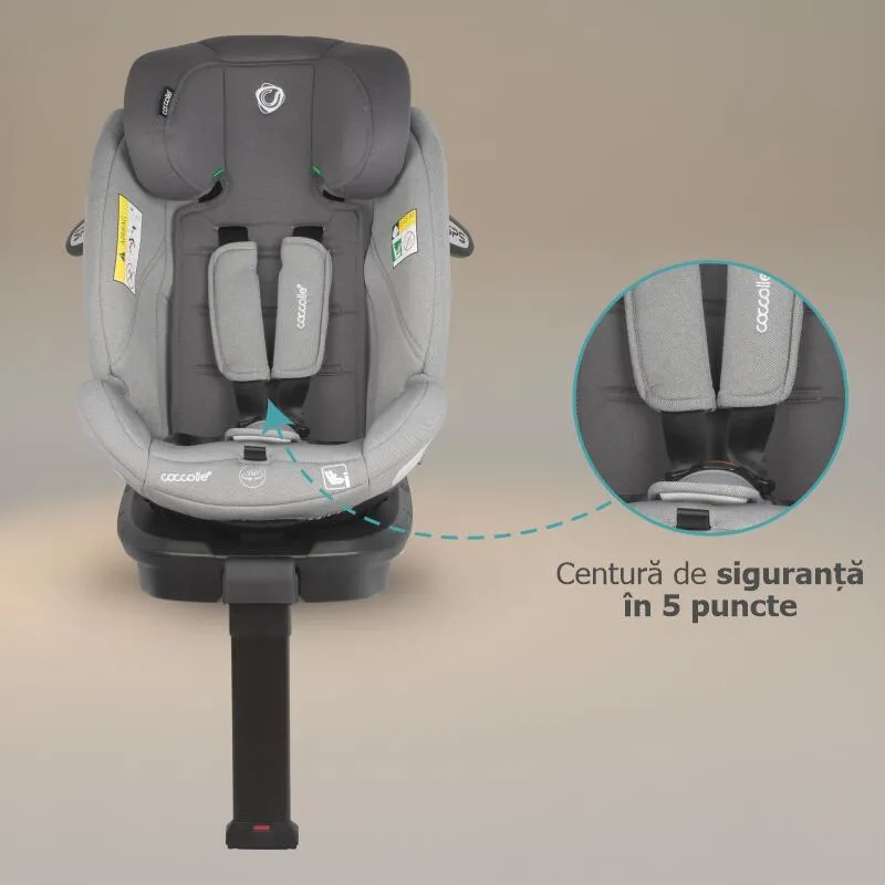 Coccolle i-Size car seat Sidra Premium Line, rotating with Isofix, Adjustable headrest, Pozitie somn, Removable cover, Anti-rebound system, Picior de fixare, 40-150 cm, 0-12 ani, Moonlit Grey
