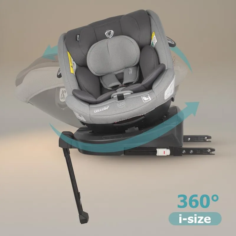 Coccolle i-Size car seat Sidra Premium Line, rotating with Isofix, Adjustable headrest, Pozitie somn, Removable cover, Anti-rebound system, Picior de fixare, 40-150 cm, 0-12 ani, Moonlit Grey