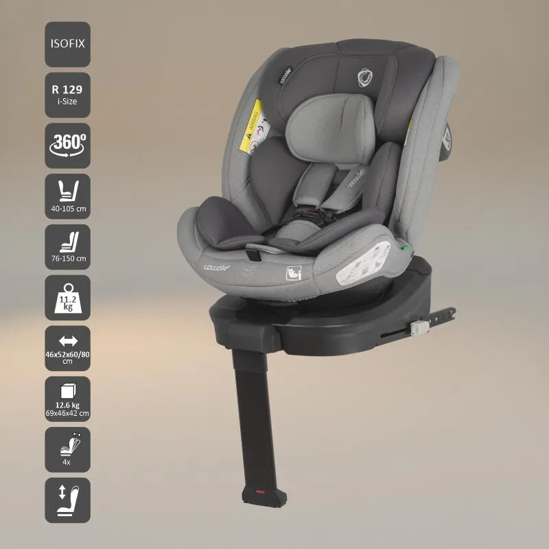 Coccolle i-Size car seat Sidra Premium Line, rotating with Isofix, Adjustable headrest, Pozitie somn, Removable cover, Anti-rebound system, Picior de fixare, 40-150 cm, 0-12 ani, Moonlit Grey