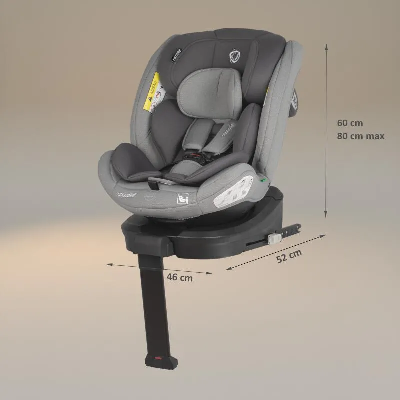 Coccolle i-Size car seat Sidra Premium Line, rotating with Isofix, Adjustable headrest, Pozitie somn, Removable cover, Anti-rebound system, Picior de fixare, 40-150 cm, 0-12 ani, Moonlit Grey