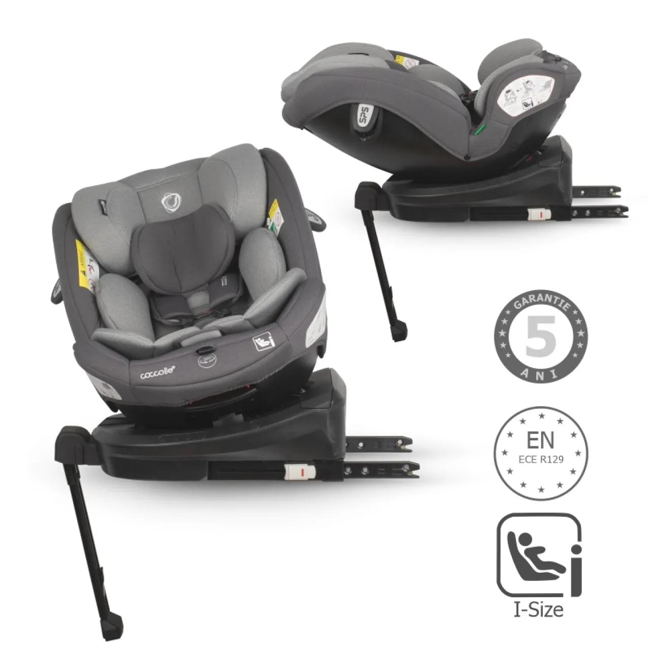 Coccolle i-Size car seat Sidra Premium Line, rotating with Isofix, Adjustable headrest, Pozitie somn, Removable cover, Anti-rebound system, Picior de fixare, 40-150 cm, 0-12 ani, Diamond black