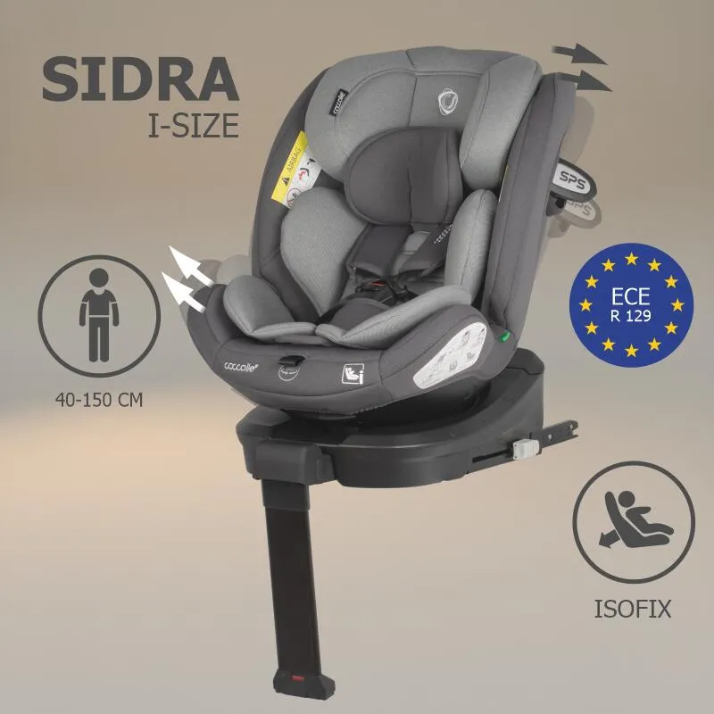 Coccolle i-Size car seat Sidra Premium Line, rotating with Isofix, Adjustable headrest, Pozitie somn, Removable cover, Anti-rebound system, Picior de fixare, 40-150 cm, 0-12 ani, Diamond black