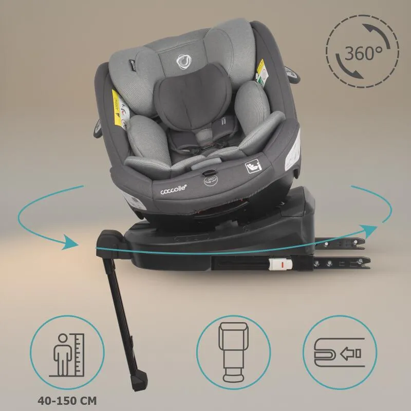 Coccolle i-Size car seat Sidra Premium Line, rotating with Isofix, Adjustable headrest, Pozitie somn, Removable cover, Anti-rebound system, Picior de fixare, 40-150 cm, 0-12 ani, Diamond black