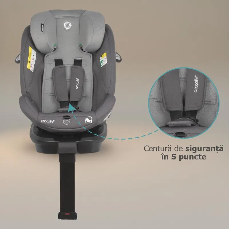 Coccolle i-Size car seat Sidra Premium Line, rotating with Isofix, Adjustable headrest, Pozitie somn, Removable cover, Anti-rebound system, Picior de fixare, 40-150 cm, 0-12 ani, Diamond black