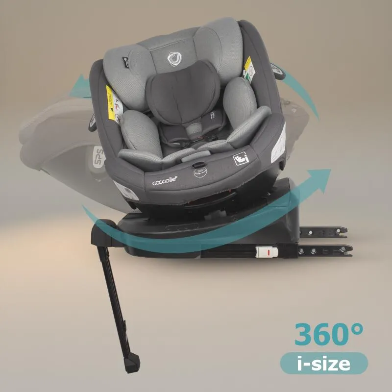 Coccolle i-Size car seat Sidra Premium Line, rotating with Isofix, Adjustable headrest, Pozitie somn, Removable cover, Anti-rebound system, Picior de fixare, 40-150 cm, 0-12 ani, Diamond black