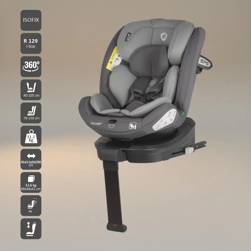 Coccolle i-Size car seat Sidra Premium Line, rotating with Isofix, Adjustable headrest, Pozitie somn, Removable cover, Anti-rebound system, Picior de fixare, 40-150 cm, 0-12 ani, Diamond black
