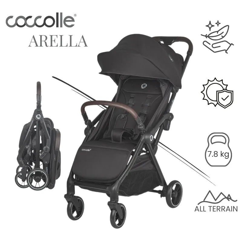 Sport stroller with automatic compact folding Coccolle Arella, Aluminium frame, Detachable wheels, Adjustable backrest, UV protection, Extendable canopy, Ventilatie, Max load 22 kg, Jet Black