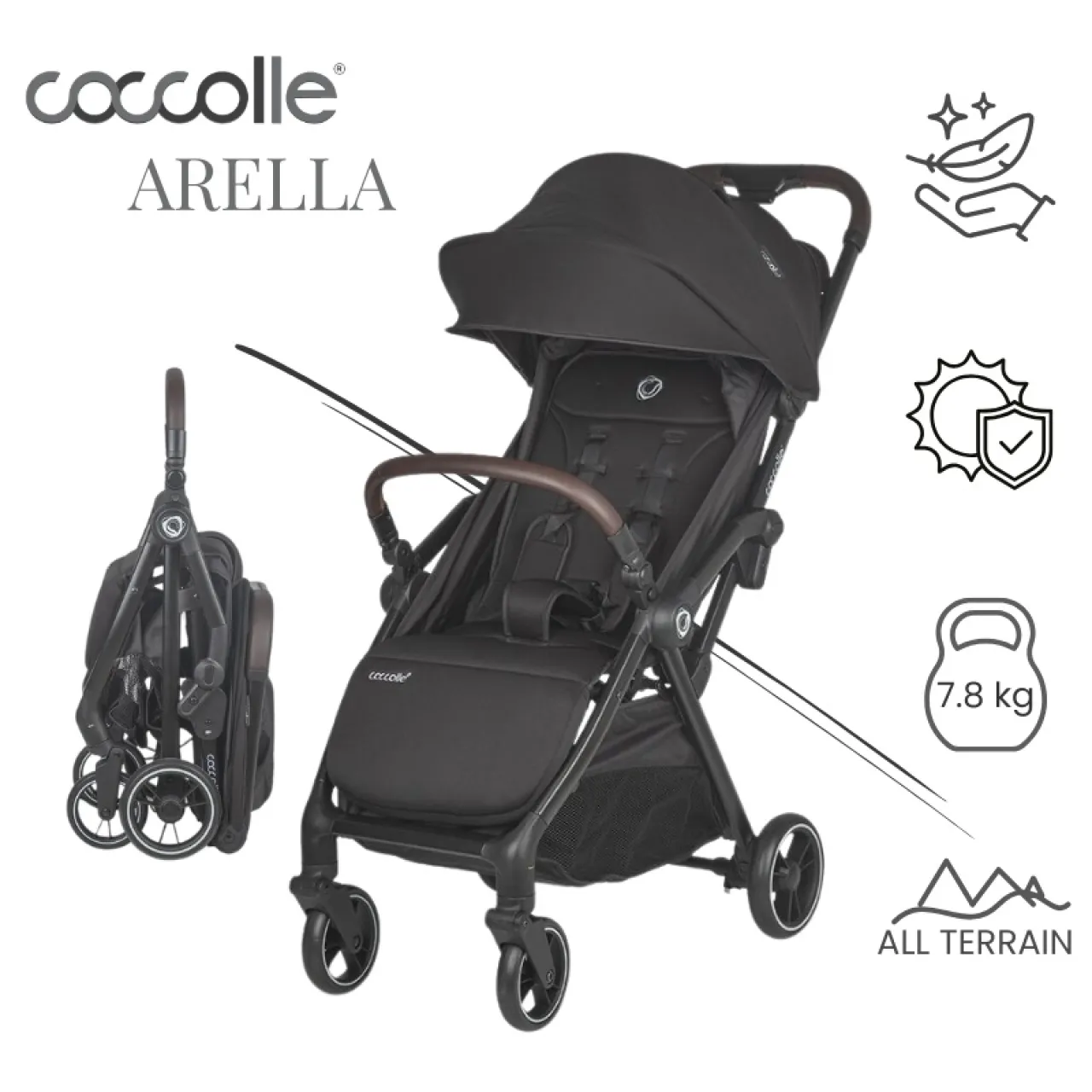 Sport stroller with automatic compact folding Coccolle Arella, Aluminium frame, Detachable wheels, Adjustable backrest, UV protection, Extendable canopy, Ventilatie, Max load 22 kg, Jet Black