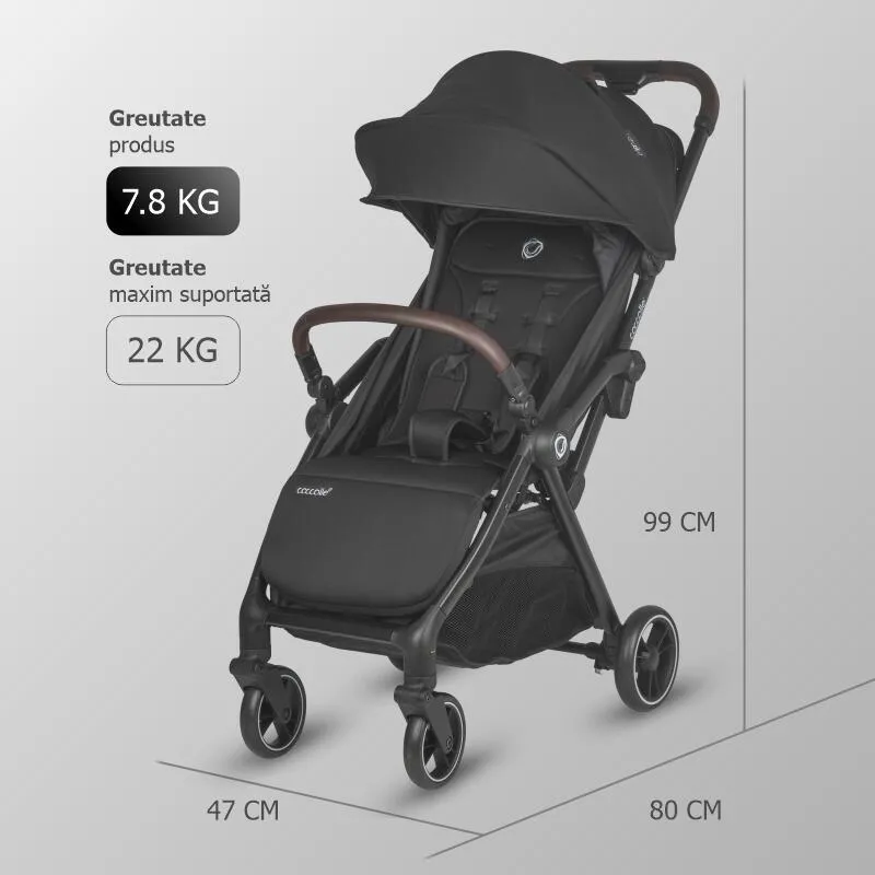 Sport stroller with automatic compact folding Coccolle Arella, Aluminium frame, Detachable wheels, Adjustable backrest, UV protection, Extendable canopy, Ventilatie, Max load 22 kg, Jet Black