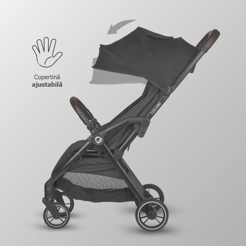 Sport stroller with automatic compact folding Coccolle Arella, Aluminium frame, Detachable wheels, Adjustable backrest, UV protection, Extendable canopy, Ventilatie, Max load 22 kg, Jet Black