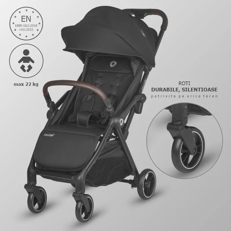 Sport stroller with automatic compact folding Coccolle Arella, Aluminium frame, Detachable wheels, Adjustable backrest, UV protection, Extendable canopy, Ventilatie, Max load 22 kg, Jet Black