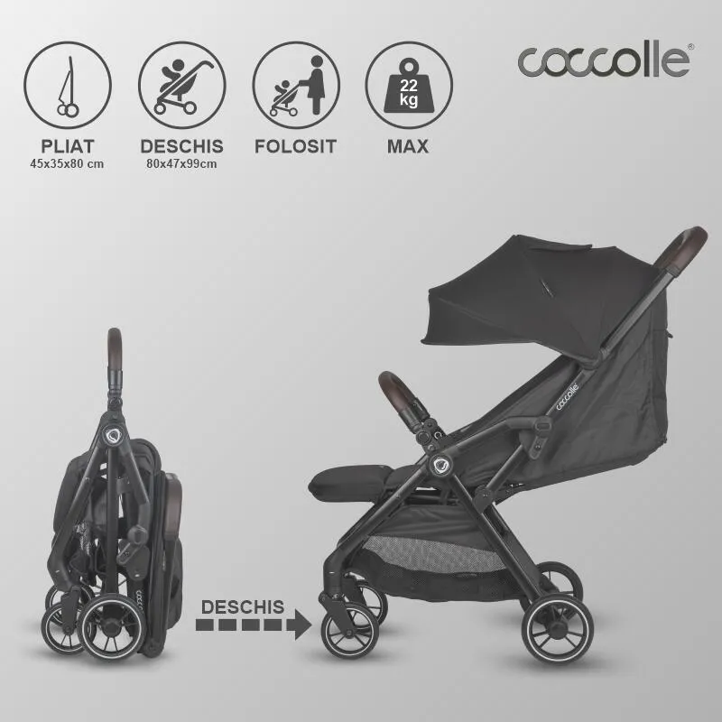 Sport stroller with automatic compact folding Coccolle Arella, Aluminium frame, Detachable wheels, Adjustable backrest, UV protection, Extendable canopy, Ventilatie, Max load 22 kg, Jet Black