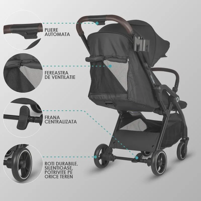 Sport stroller with automatic compact folding Coccolle Arella, Aluminium frame, Detachable wheels, Adjustable backrest, UV protection, Extendable canopy, Ventilatie, Max load 22 kg, Jet Black