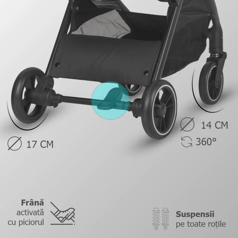 Sport stroller with automatic compact folding Coccolle Arella, Aluminium frame, Detachable wheels, Adjustable backrest, UV protection, Extendable canopy, Ventilatie, Max load 22 kg, Jet Black