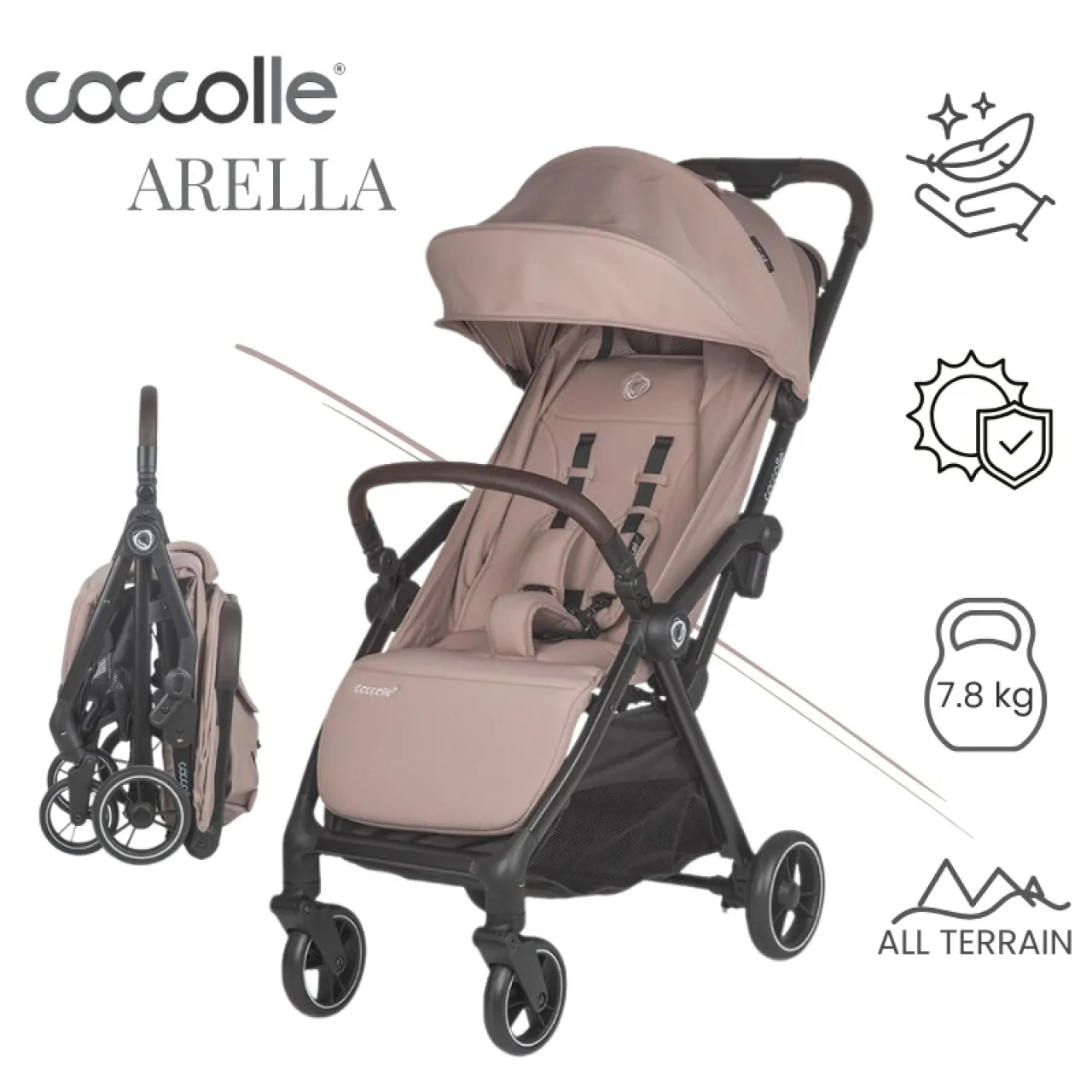 Sport stroller with automatic compact folding Coccolle Arella, Aluminium frame, Detachable wheels, Adjustable backrest, UV protection, Extendable canopy, Ventilatie, Max load 22 kg, Sand Beige