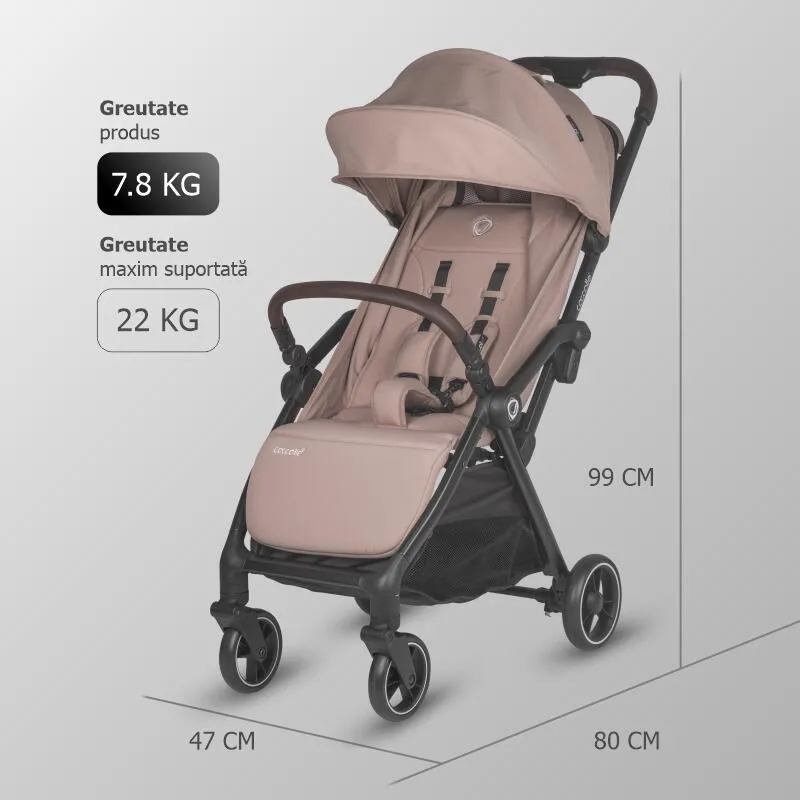 Sport stroller with automatic compact folding Coccolle Arella, Aluminium frame, Detachable wheels, Adjustable backrest, UV protection, Extendable canopy, Ventilatie, Max load 22 kg, Sand Beige