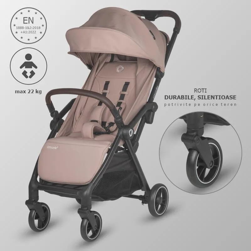Sport stroller with automatic compact folding Coccolle Arella, Aluminium frame, Detachable wheels, Adjustable backrest, UV protection, Extendable canopy, Ventilatie, Max load 22 kg, Sand Beige