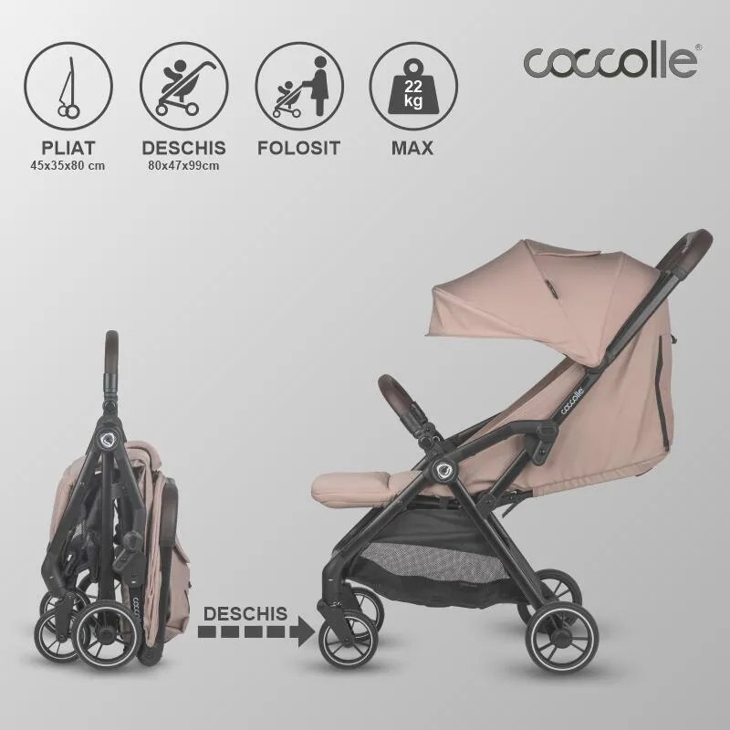 Sport stroller with automatic compact folding Coccolle Arella, Aluminium frame, Detachable wheels, Adjustable backrest, UV protection, Extendable canopy, Ventilatie, Max load 22 kg, Sand Beige