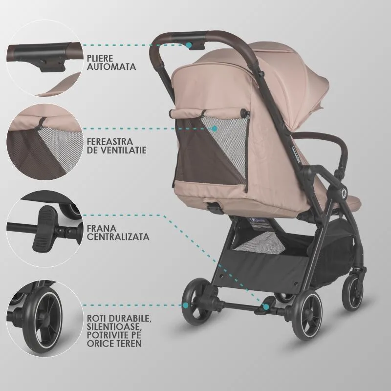 Sport stroller with automatic compact folding Coccolle Arella, Aluminium frame, Detachable wheels, Adjustable backrest, UV protection, Extendable canopy, Ventilatie, Max load 22 kg, Sand Beige