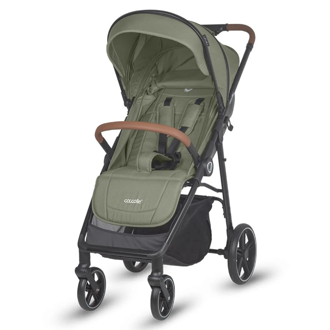 Sport stroller with automatic folding and pozitie de somn Coccolle Finley, Large wheels detachable, Adjustable backrest, UV protection, XXL canopy extensibila with ventilatie, Footmuff, Moss Green