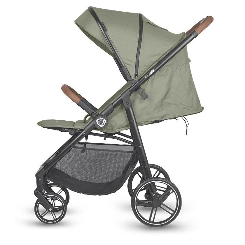 Sport stroller with automatic folding and pozitie de somn Coccolle Finley, Large wheels detachable, Adjustable backrest, UV protection, XXL canopy extensibila with ventilatie, Footmuff, Moss Green