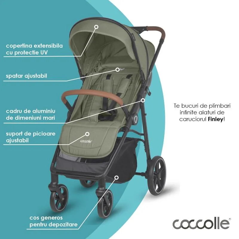 Sport stroller with automatic folding and pozitie de somn Coccolle Finley, Large wheels detachable, Adjustable backrest, UV protection, XXL canopy extensibila with ventilatie, Footmuff, Moss Green
