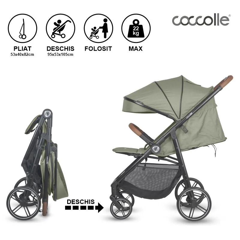 Sport stroller with automatic folding and pozitie de somn Coccolle Finley, Large wheels detachable, Adjustable backrest, UV protection, XXL canopy extensibila with ventilatie, Footmuff, Moss Green