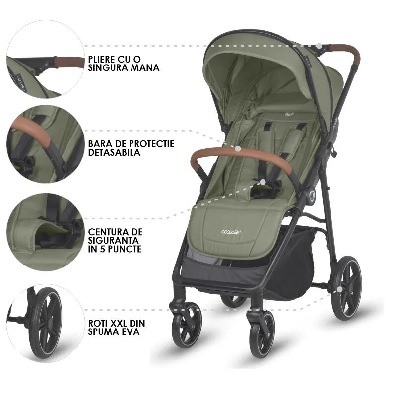 Sport stroller with automatic folding and pozitie de somn Coccolle Finley, Large wheels detachable, Adjustable backrest, UV protection, XXL canopy extensibila with ventilatie, Footmuff, Moss Green