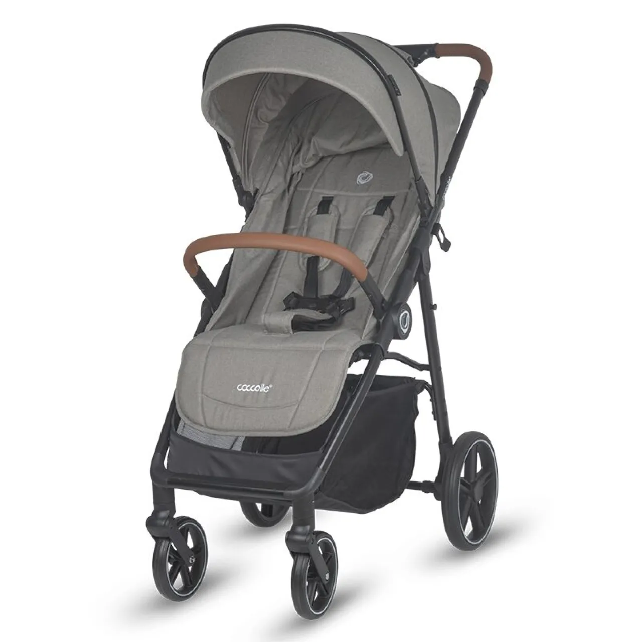 Sport stroller with automatic folding and pozitie de somn Coccolle Finley, Large wheels detachable, Adjustable backrest, UV protection, XXL canopy extensibila with ventilatie, Footmuff, Sand Beige-Grey