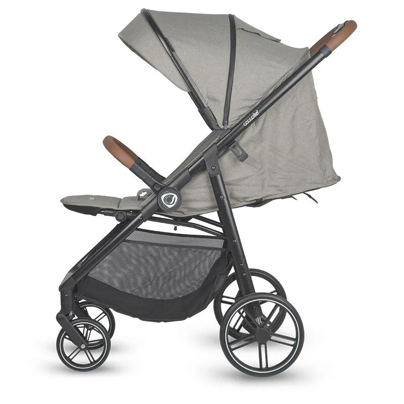 Sport stroller with automatic folding and pozitie de somn Coccolle Finley, Large wheels detachable, Adjustable backrest, UV protection, XXL canopy extensibila with ventilatie, Footmuff, Sand Beige-Grey