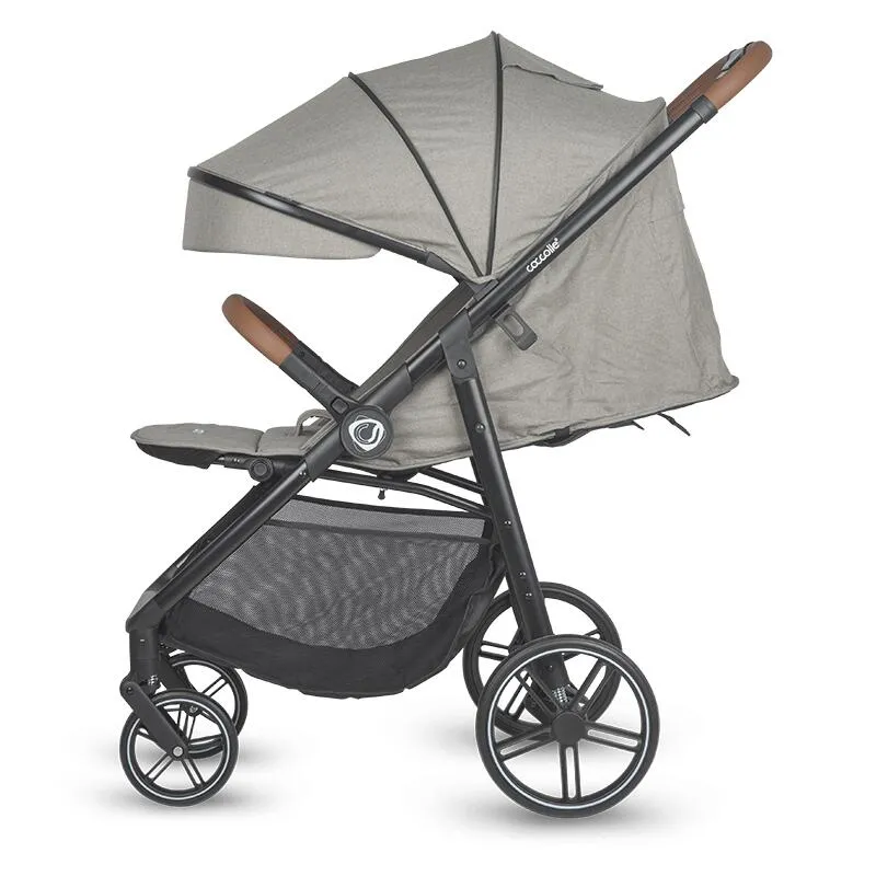 Sport stroller with automatic folding and pozitie de somn Coccolle Finley, Large wheels detachable, Adjustable backrest, UV protection, XXL canopy extensibila with ventilatie, Footmuff, Sand Beige-Grey