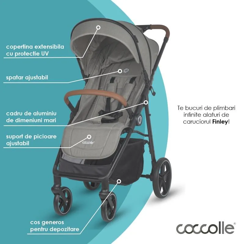 Sport stroller with automatic folding and pozitie de somn Coccolle Finley, Large wheels detachable, Adjustable backrest, UV protection, XXL canopy extensibila with ventilatie, Footmuff, Sand Beige-Grey