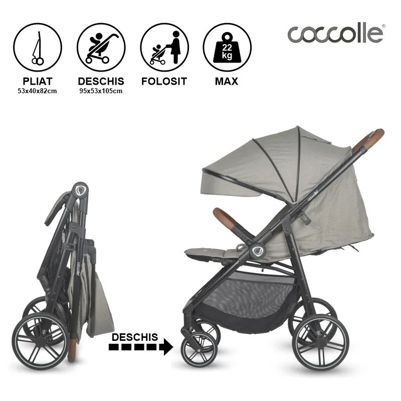 Sport stroller with automatic folding and pozitie de somn Coccolle Finley, Large wheels detachable, Adjustable backrest, UV protection, XXL canopy extensibila with ventilatie, Footmuff, Sand Beige-Grey