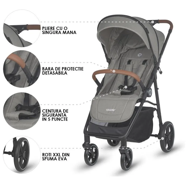 Sport stroller with automatic folding and pozitie de somn Coccolle Finley, Large wheels detachable, Adjustable backrest, UV protection, XXL canopy extensibila with ventilatie, Footmuff, Sand Beige-Grey