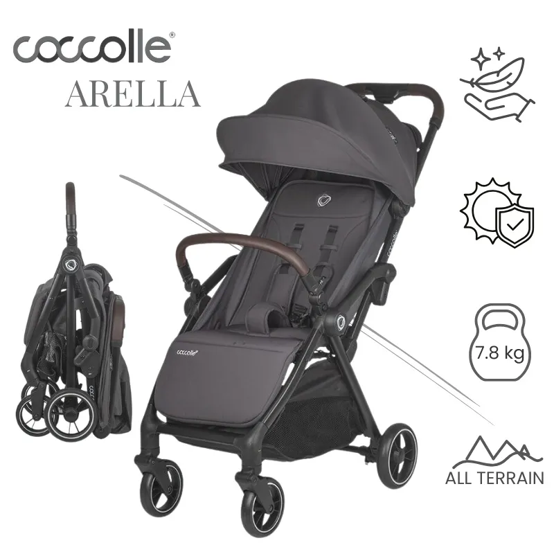 Sport stroller with automatic compact folding Coccolle Arella, Aluminium frame, Detachable wheels, Adjustable backrest, UV protection, Extendable canopy, Ventilatie, Max load 22 kg, Dark Pearl