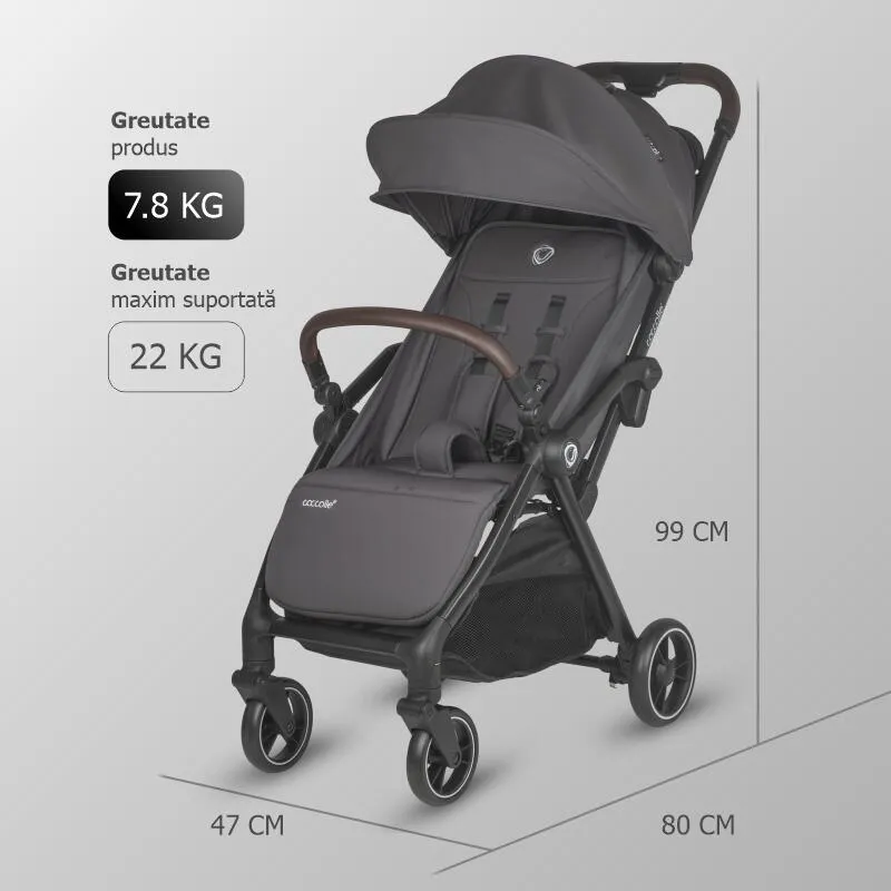 Sport stroller with automatic compact folding Coccolle Arella, Aluminium frame, Detachable wheels, Adjustable backrest, UV protection, Extendable canopy, Ventilatie, Max load 22 kg, Dark Pearl