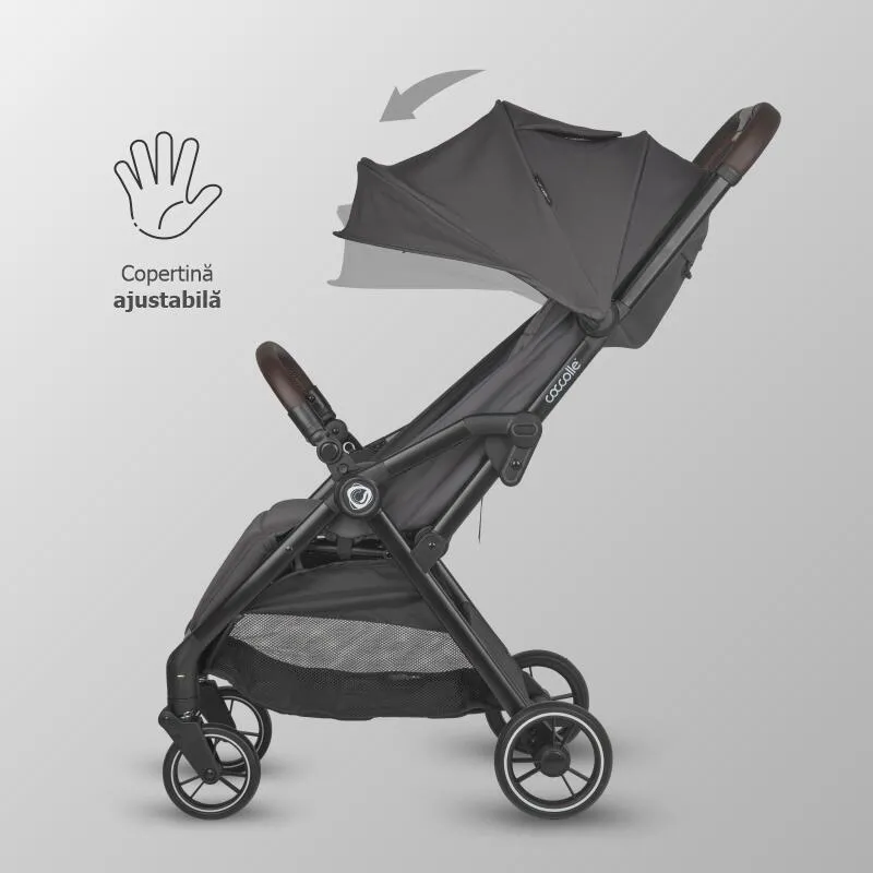 Sport stroller with automatic compact folding Coccolle Arella, Aluminium frame, Detachable wheels, Adjustable backrest, UV protection, Extendable canopy, Ventilatie, Max load 22 kg, Dark Pearl
